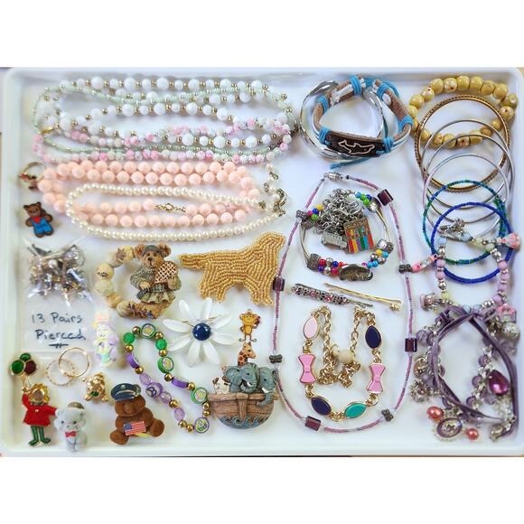 Kids Jewelry Jar Lot 48 Pc Dress Up Play Pretend: Bracelets, Earrings, Rings - Picture 1 of 16